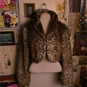 Vintage Animal Print Faux Fur Cropped Jacket Women's Medium/Large Brown Leopard